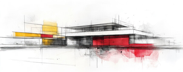 A building with red and yellow stripes is shown in a painting. The building is a modern design with a lot of detail. The colors of the building are bright and bold, giving the painting a lively