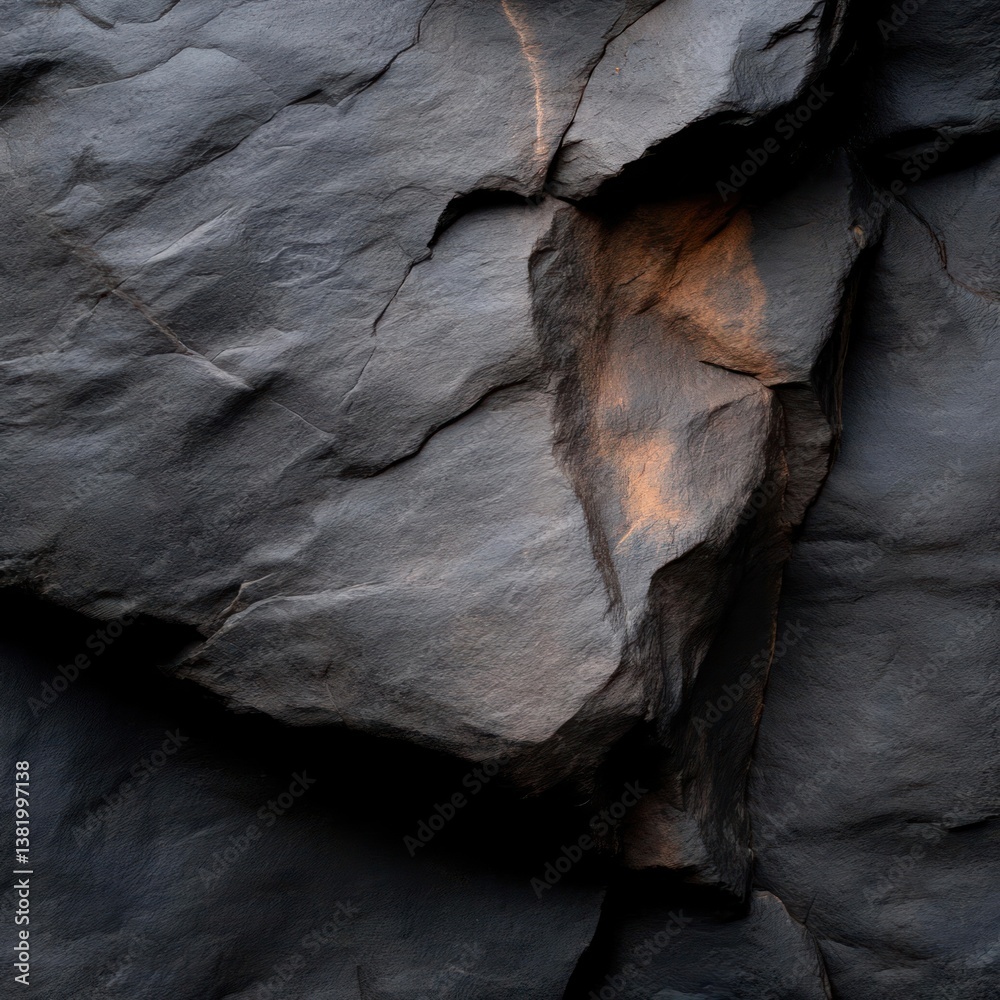 Poster close-up texture of dark gray rock surface with rough edges and golden brown inclusions