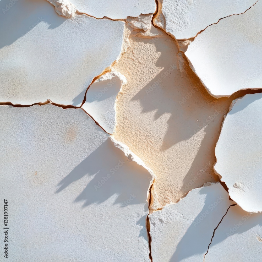 Poster close up view of cracked white surface with shadows and beige background for texture detail