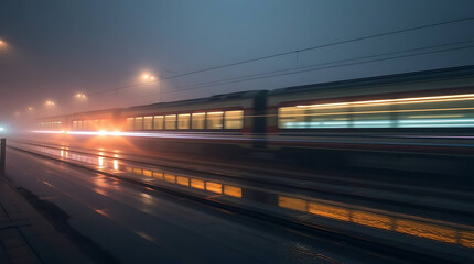 Foggy Night Train Moving Fast on Wet Track