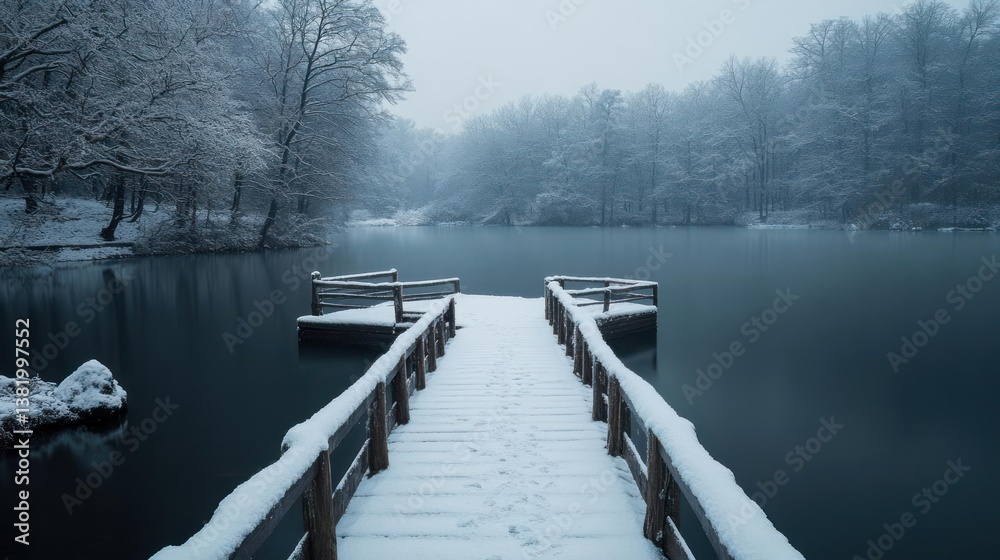 Poster snow covered wooden pier extending into a tranquil lake surrounded by snowy trees in winter