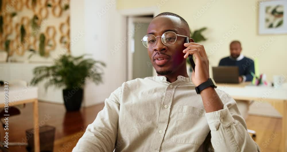 Poster phone call, creative and man in office, conversation and planning for project with contact or web de