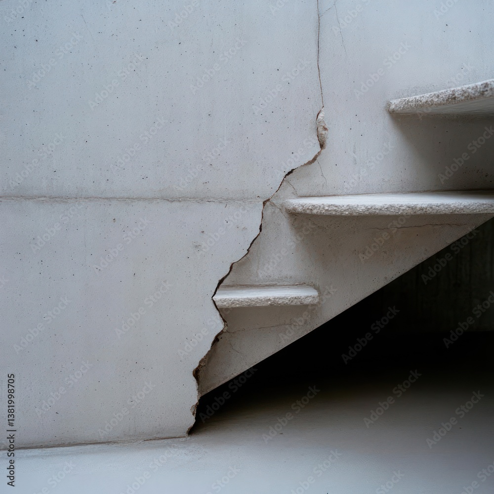 Poster close up of concrete staircase showing damage and texture in grey tones