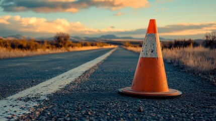 Orange traffic cone on rural road at sunset with dramatic sky and mountains