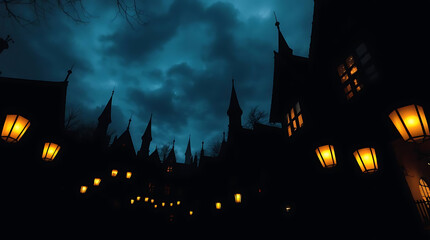 Dark gothic alleyway at night lit by lanterns