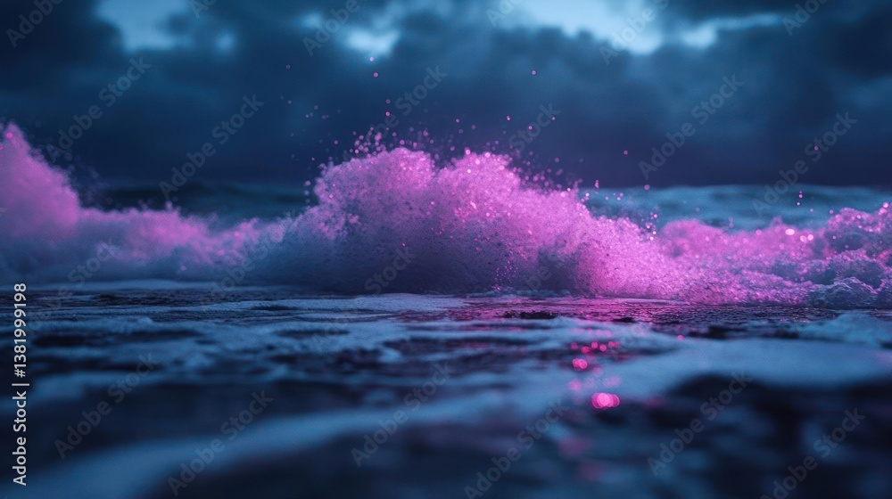 Poster pink crashing wave against a dark ocean with glowing bubbles reflecting on the wet surface