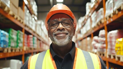 Fototapeta premium Smiling Warehouse Worker Wearing Safety Gear in Storage Facility