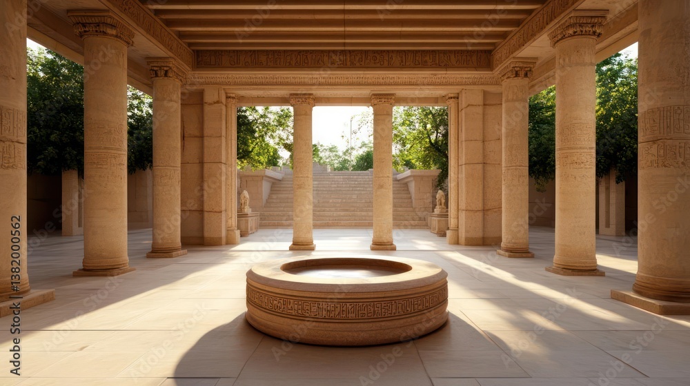 Poster ancient stone structure with pillars water fountain and green trees under bright sunlight