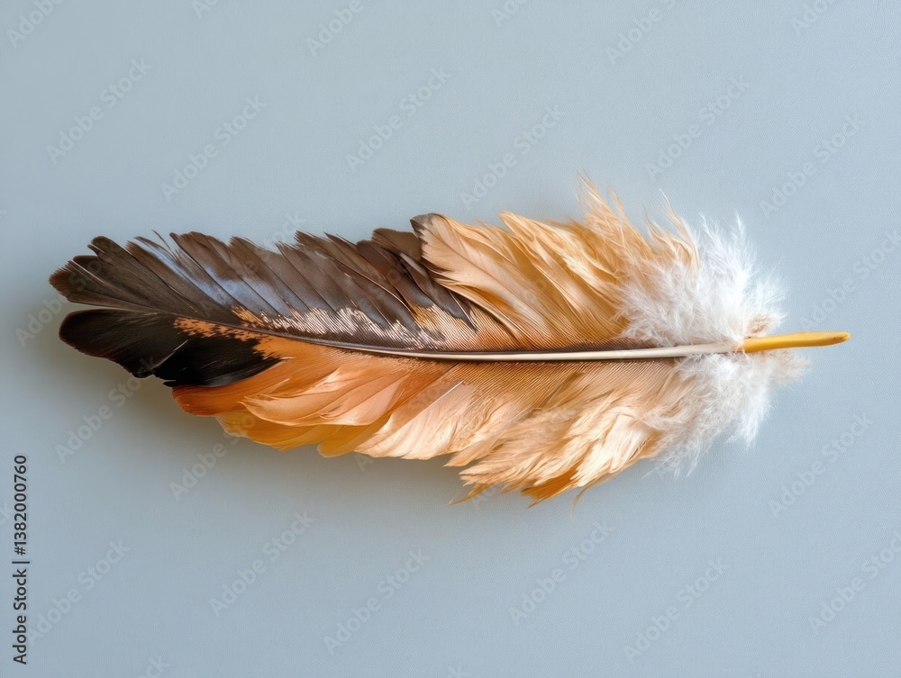 Poster Close Up Of A Colorful Feather With Multiple Colors On A Gray Surface With Bright Lighting