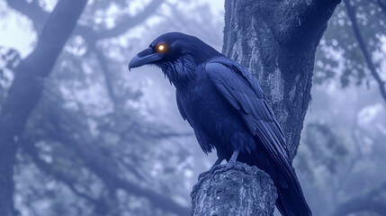 Fototapeta premium Hauntingly Beautiful Raven on Moss-Covered Tree in Twilight Mist
