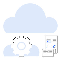 Large cloud with gear symbolizing cloud computing and automation with documents featuring data charts. Ideal for technology, data storage, cloud computing, automation, analytics, workflow, future