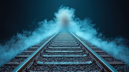 Mysterious Journey: Enigmatic Railroad Track Vanishing into Misty Blue