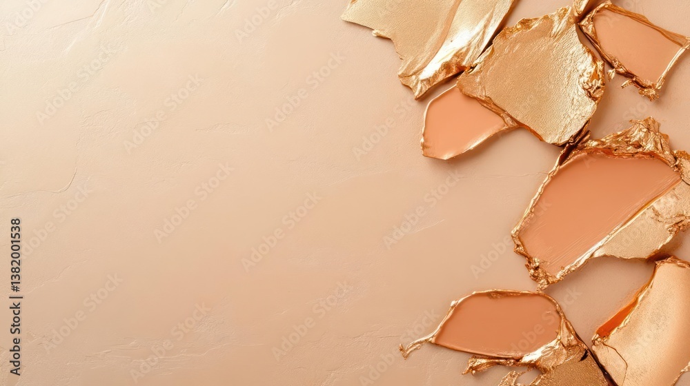 Poster abstract composition of gold leaf fragments and nude pigment on a textured background with sparkling