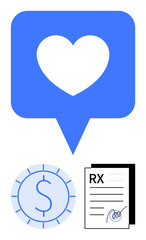 Heart inside dialogue bubble, currency coin, prescription paper. Ideal for healthcare, wellness, medical costs, accessibility, charity support financial aid. Flat simple metaphor