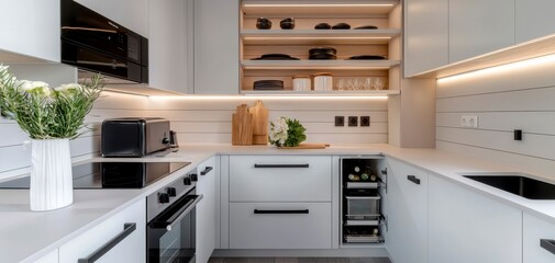 A small efficient kitchen with open shelving compact appliances and a pull out pantry. Tiny kitchen clever storage.