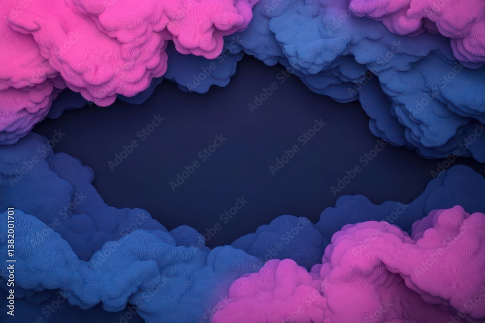 Poster abstract cloud formations in blue and pink with central dark space and texture