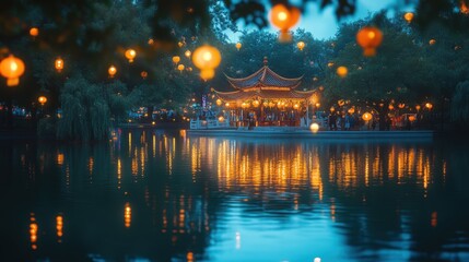Lanterns by the Water: A tranquil lakeside scene at dusk, where traditional lanterns gently illuminate a pagoda, with soft reflections dancing on the water's surface.