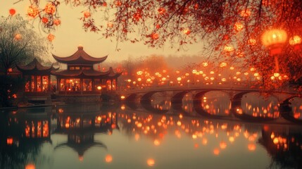 Fototapeta premium Mystical Oriental Garden: A tranquil scene of a classic oriental garden, serene lake reflecting the soft glow of lanterns and the graceful architecture.