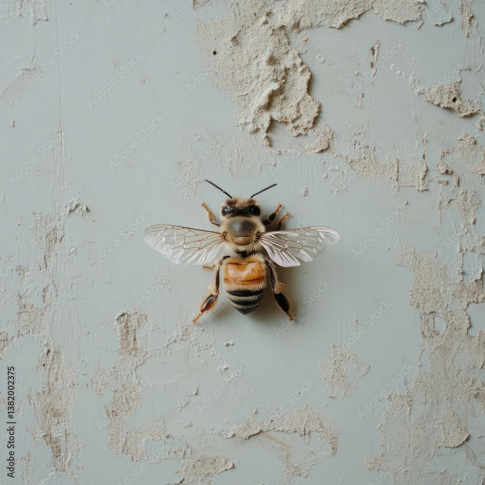 Poster detailed macro photography of a bee with spread wings resting on a textured gray wall demonstrating 