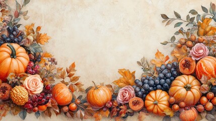 Autumn harvest border, pumpkins, grapes, roses, fall leaves, beige background, Thanksgiving design