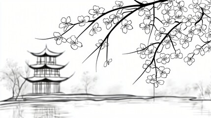 Asian Springtime Blossom and Serene Pagoda Landscape in Tranquil Harmony Artistic Drawing of excellence.