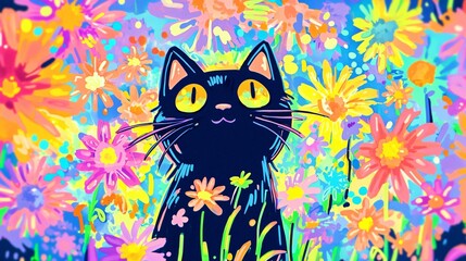 Black Cat Amidst Vibrant Floral Meadow Whimsical Art Style Playful Mood Artistic Bright.
