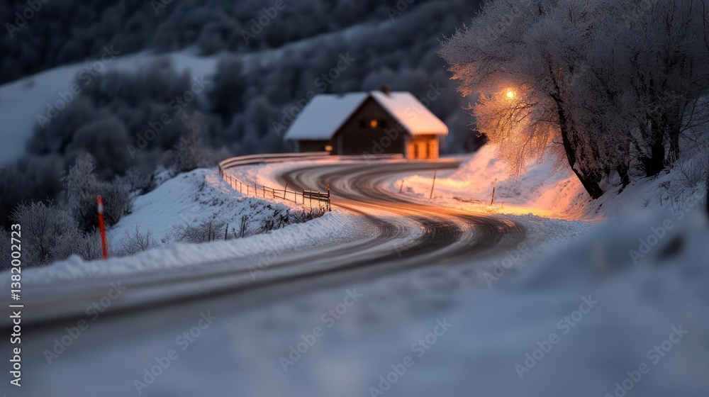 Poster snowy road winding towards illuminated house at night with frosted trees and tranquil atmosphere