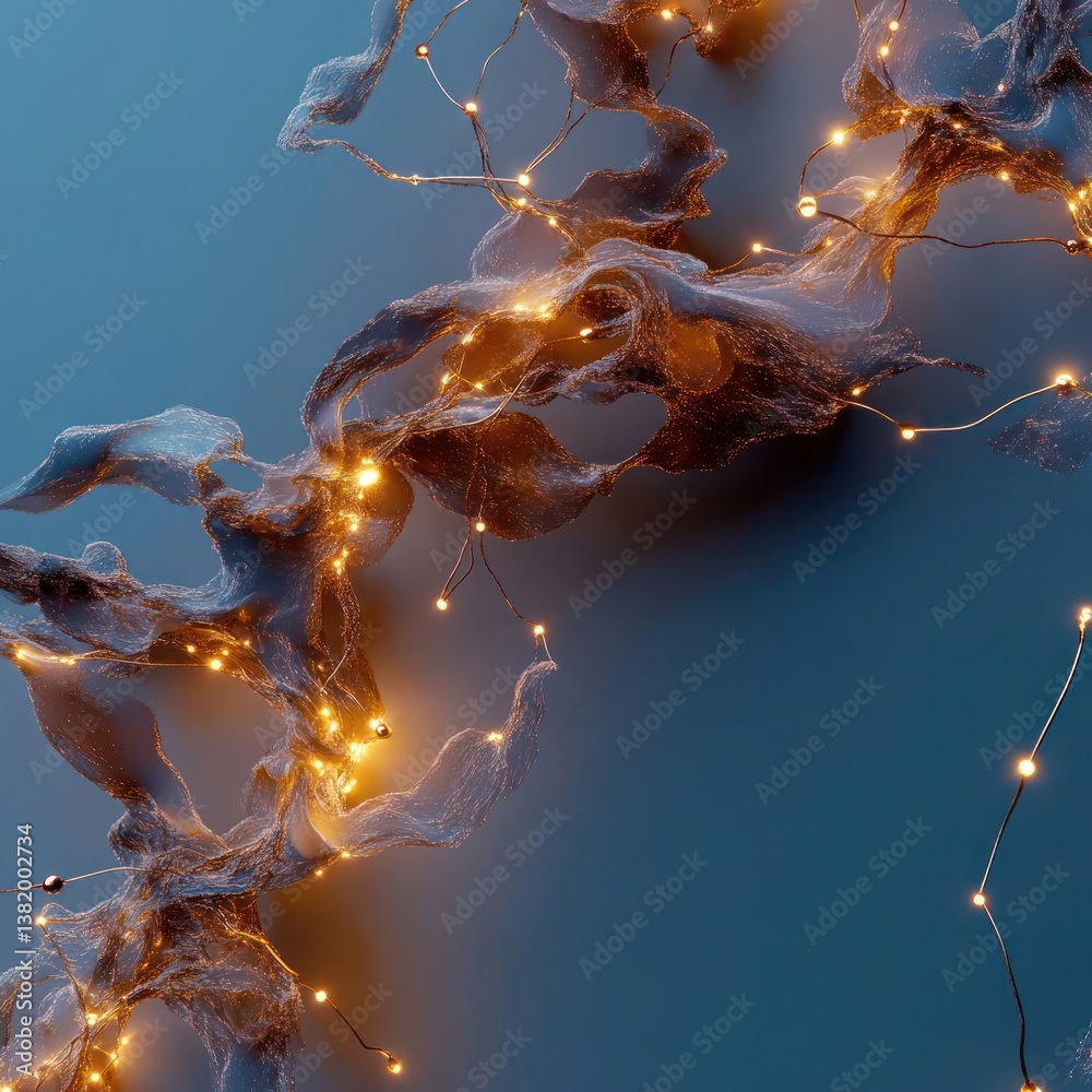 Poster Abstract Digital Network Of Golden Glowing Lights And Lines On Blue Background