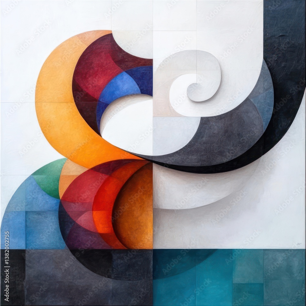 Poster abstract geometric composition with spiral arc shapes and a vibrant color palette on a grid