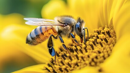 Honeybee on Sunflower: A detailed close-up of a honeybee meticulously collecting pollen from a vibrant yellow sunflower, showcasing the intricate details of both insect and flower.