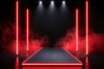 Fashion show runway with red lights on a black background long podium perspective neon lamps glowing in smoke realistic illustration focus cover all object. Red glow runway spectacle.