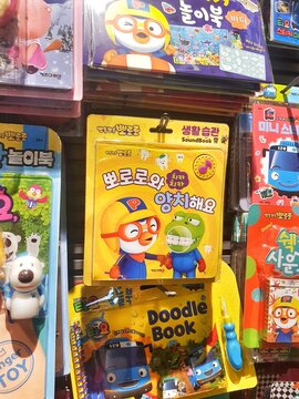 Seoul, South Korea on 7 Nov 2024. Korean Children's Books and Toys Featuring Pororo and Tayo the Little Bus