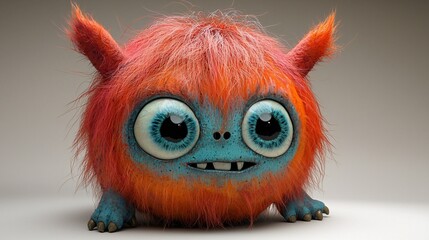 Obraz premium Adorable Orange Fuzzy Creature with Big Blue Eyes on Neutral Backdrop Digital Art Monster of excellence.