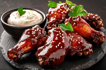 Juicy hot wings covered in a smoky chipotle sauce elegantly presented with a side of garlic aioli and a sprinkle of sesame seeds ultra HD . Spicy chicken delight.
