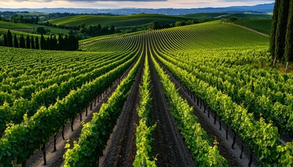 Verdant rolling vineyards grapevines winemaking high quality photorealistic rustic charm scenic harvest season. Autumn landscape photography.