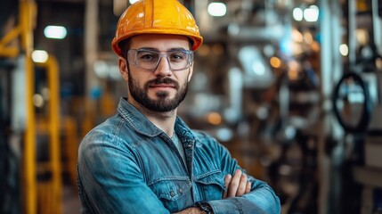 A confident Caucasian engineer showcases expertise in safety gear while standing in an active industrial facility filled with machinery and tools, highlighting his role in engineering innovation