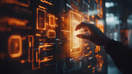 A person's hand interacting with a futuristic digital interface filled with glowing data. The scene is bathed in an orange glow, suggesting a technologically advanced environment. 