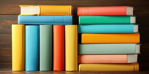 Fototapeta premium Vibrant stack of colorful books displayed on a vintage bookshelf adding charm to a decorative library space. Colorful books in old bookcase.