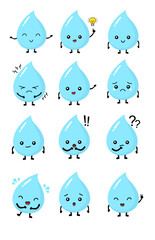 Cute water drop character set with various emotions, perfect for eco, water conservation, and awareness.
