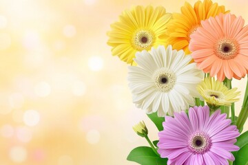 A bouquet of flowers with a softly blurred golden bokeh background