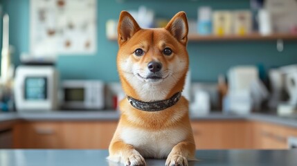 Shiba inu dog sitting on veterinary clinic table