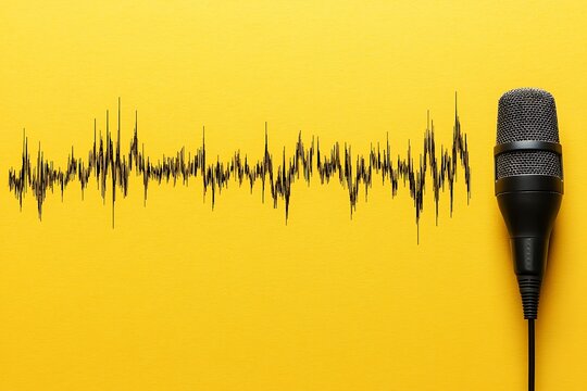 Microphone with vibrant audio waveform on a yellow background, perfect for podcast branding