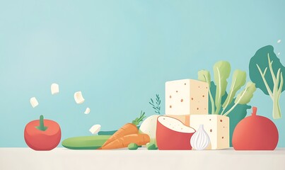 Minimalist depiction tofu and vegetables emphasizing nutrition and balance
