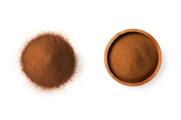 Instant coffee in wooden bowl isolated on white background. Top view