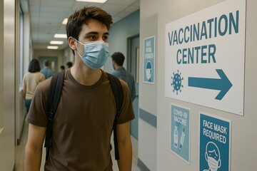 Young Man Wearing Protective Mask Arrives at Vaccination Center to Receive Pandemic Vaccine Amid Global Health Crisis, Symbolizing Hope, Responsibility, and Collective Effort for a Safer Future