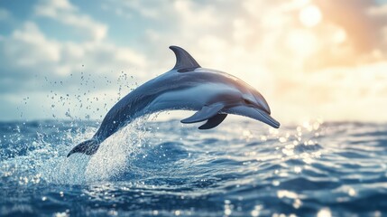 Fototapeta premium Dolphin's Aquatic Leap: A sleek dolphin soars gracefully through the air, breaching the surface of a tranquil sea. capturing its innate agility and power, illuminated by the golden light of the sun.