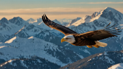 Obraz premium Majestic Flight Over Snowy Peaks