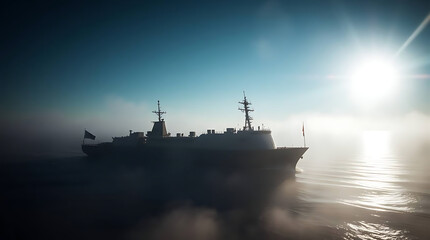 Silhouette warship at sea, sunrise through mist
