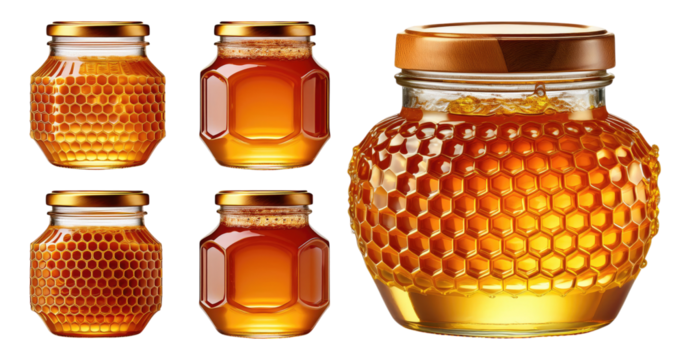 Assorted Honey Jars with Golden Honey and Hexagonal Patterns, PNG bundle collection, Isolated on Transparent Background - Powered by Adobe