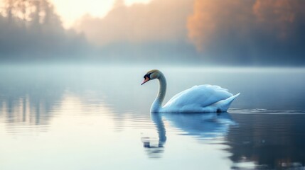 Fototapeta premium Elegant swan glides on tranquil lake at sunrise. Misty morning landscape.